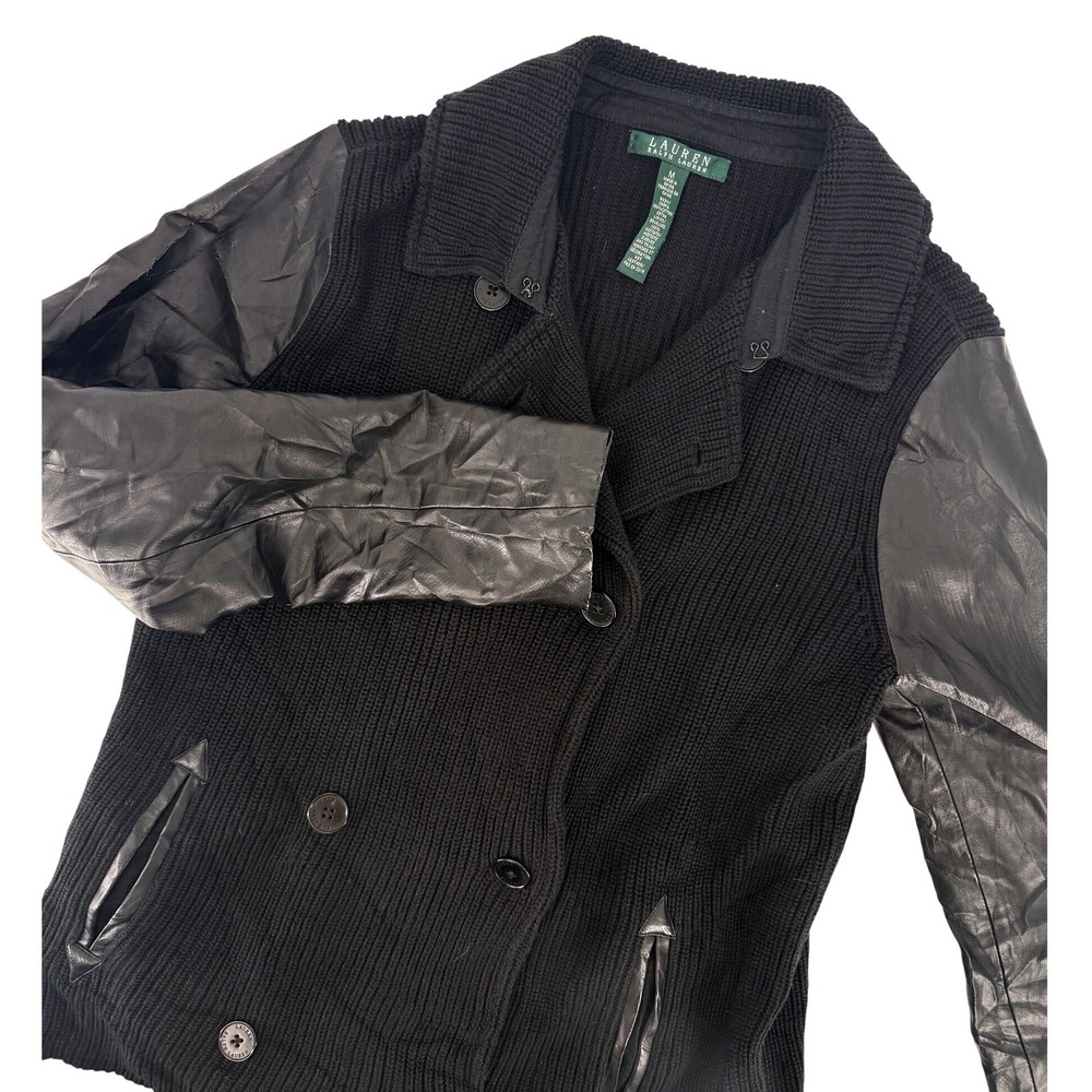 Lauren Ralph Lauren Med Black Ribbed Knit Faux Leather Double Breasted Cardigan